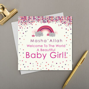 x6 Masha'Allah Beautiful Baby Girl Card | Smiling Rainbows Illustration