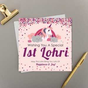 x6 Her 1st Lohri Smiling Unicorn & Rainbows